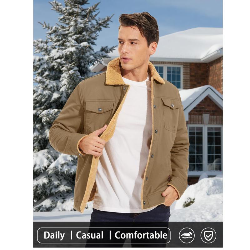 🧥 Men's Sherpa Lined Trucker Jacket, Warm Fleece Casual Coat with Multi Pockets, Long Sleeve Cotton Outerwear for Fall & Winter