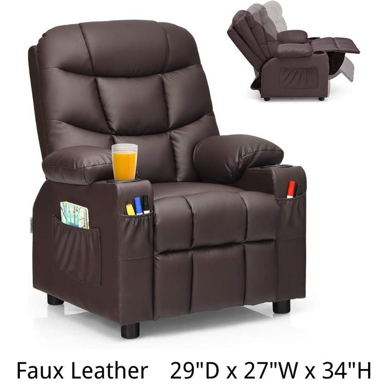 Children's recliner with cup holder, adjustable, footrest and side pockets, suitable for boys' and girls' rooms.