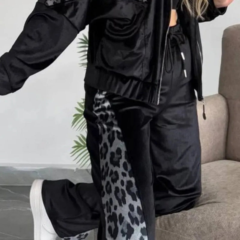🔥50% OFF🔥Women's Fashion Leopard Print Zipper Top & Drawstring Pants (2-Piece Set)