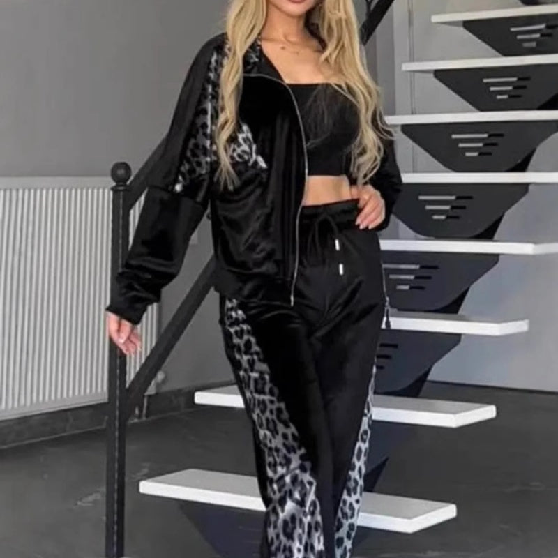 🔥50% OFF🔥Women's Fashion Leopard Print Zipper Top & Drawstring Pants (2-Piece Set)