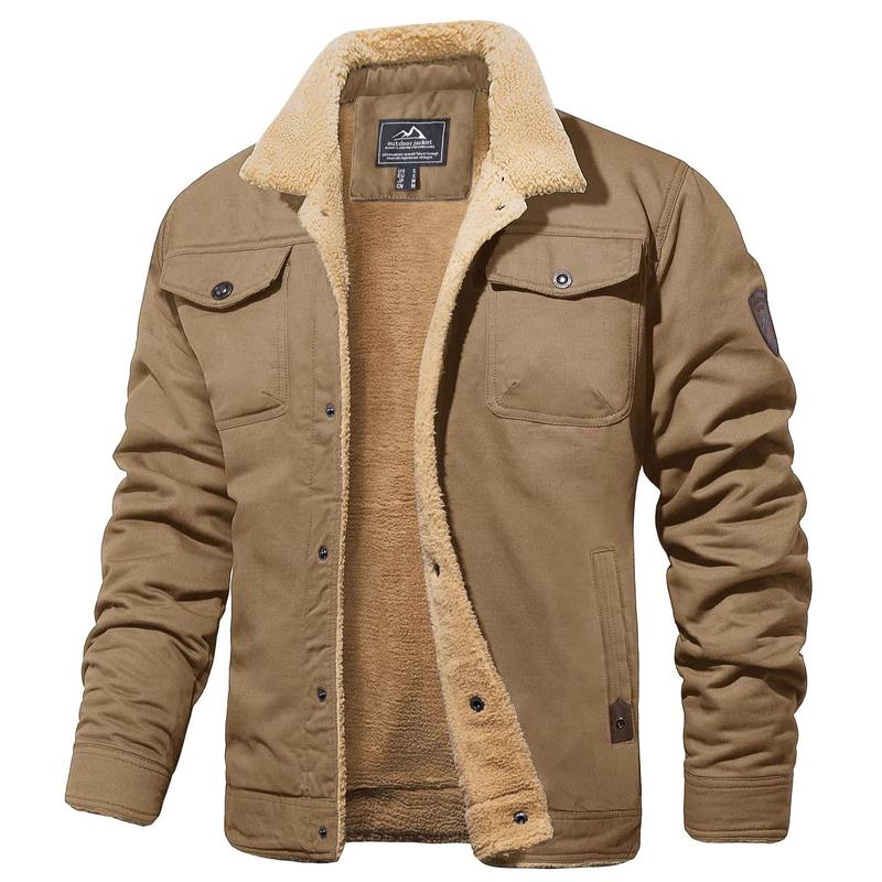 🧥 Men's Sherpa Lined Trucker Jacket, Warm Fleece Casual Coat with Multi Pockets, Long Sleeve Cotton Outerwear for Fall & Winter