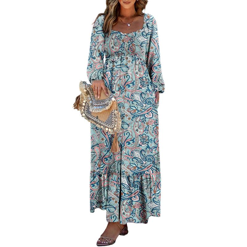 ✨ Boho Sundress – Long Sleeve Square Neck –50%