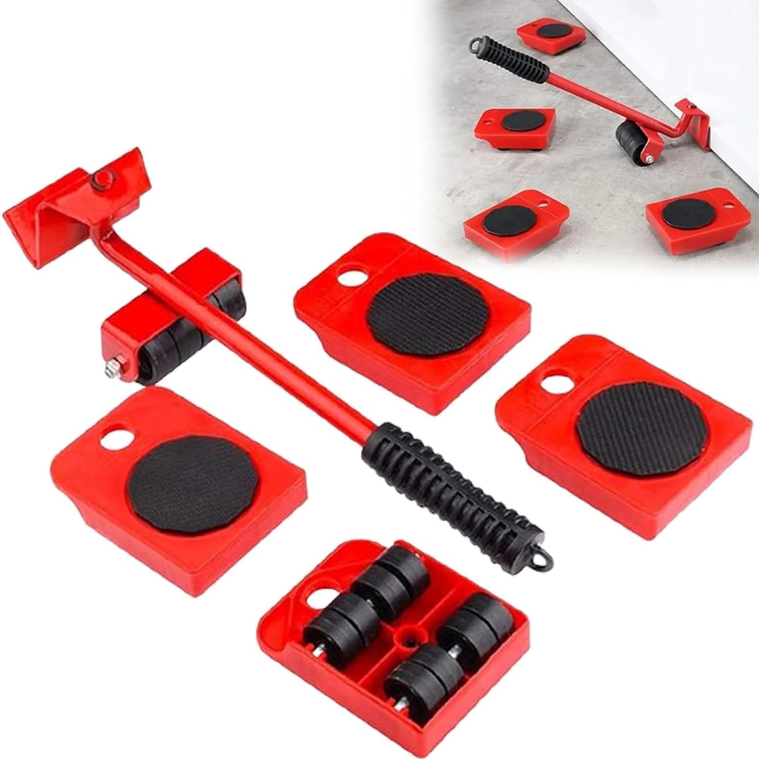 👍Zeanaturals Furniture Lift Mover Tool Set with 4 Wheels, Heavy Duty Furniture Movers, Universal Floor Sliders for Hardwood, Tile, Laminate & Low-Pile Carpet (Red)