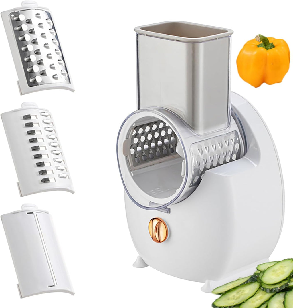 👍Electric Cheese Grater Vegetable Slicer, Rechargeable Rotary Grater Salad Maker with 3 Interchangeable Blades, Durable Material and Cutting Efficiently, for Kitchen, Camping, Restaurant