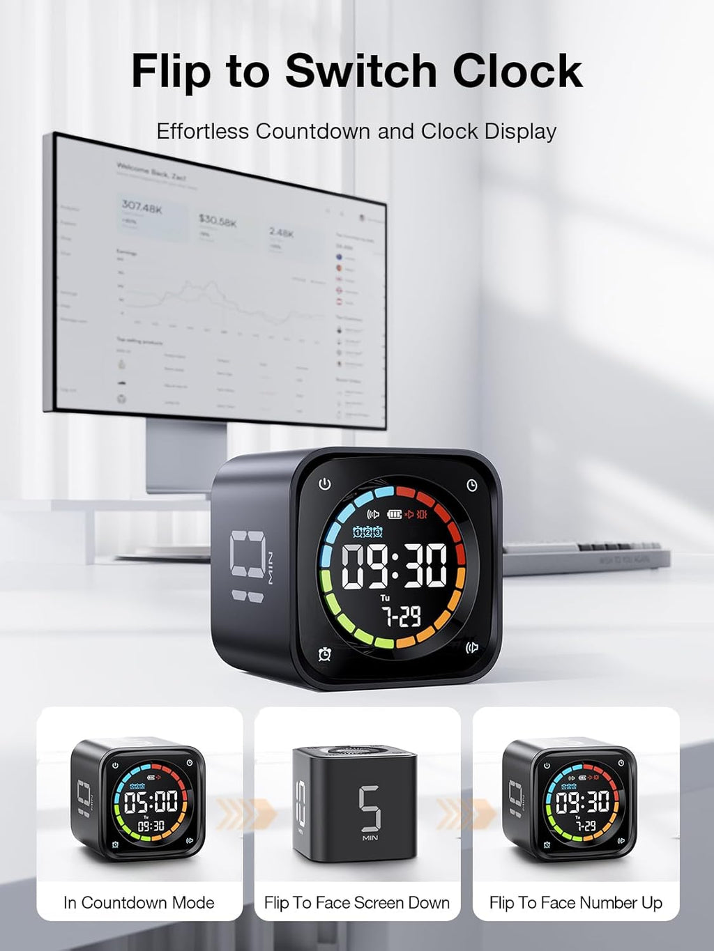 👍TK3 Pomodoro Timer Cube, Desk Productivity Timer with 5/10/30/60 Min Presets, Custom Countdown, Stopwatch, Clock, 3 Alarm, Silent, Vibrate & Sound Alert, for Task, ADHD, Study, Kitchen