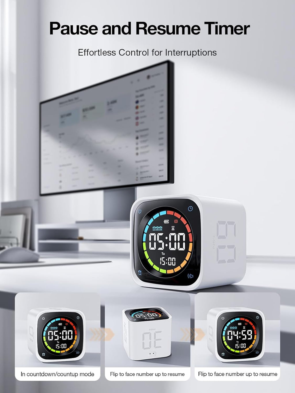 👍TK3 Pomodoro Timer Cube, Desk Productivity Timer with 5/10/30/60 Min Presets, Custom Countdown, Stopwatch, Clock, 3 Alarm, Silent, Vibrate & Sound Alert, for Task, ADHD, Study, Kitchen