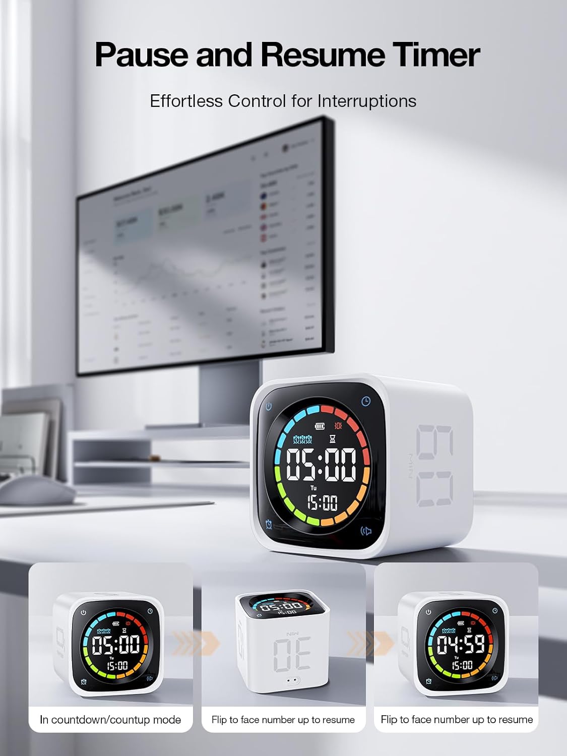 👍TK3 Pomodoro Timer Cube, Desk Productivity Timer with 5/10/30/60 Min Presets, Custom Countdown, Stopwatch, Clock, 3 Alarm, Silent, Vibrate & Sound Alert, for Task, ADHD, Study, Kitchen