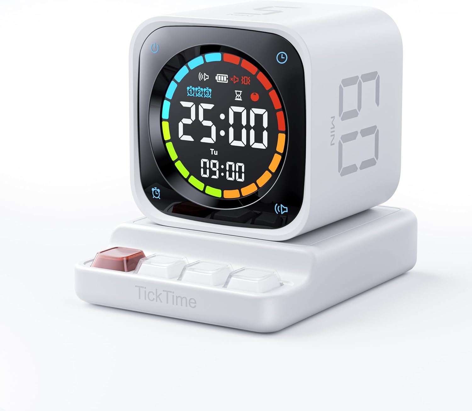👍TK3 Pomodoro Timer Cube, Desk Productivity Timer with 5/10/30/60 Min Presets, Custom Countdown, Stopwatch, Clock, 3 Alarm, Silent, Vibrate & Sound Alert, for Task, ADHD, Study, Kitchen