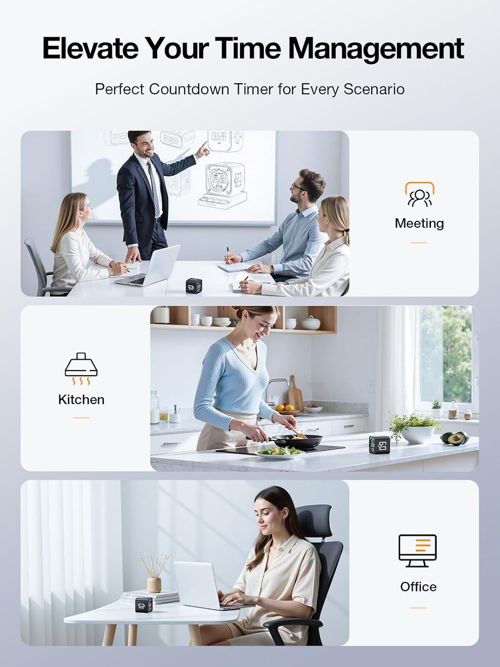 👍TK3 Pomodoro Timer Cube, Desk Productivity Timer with 5/10/30/60 Min Presets, Custom Countdown, Stopwatch, Clock, 3 Alarm, Silent, Vibrate & Sound Alert, for Task, ADHD, Study, Kitchen