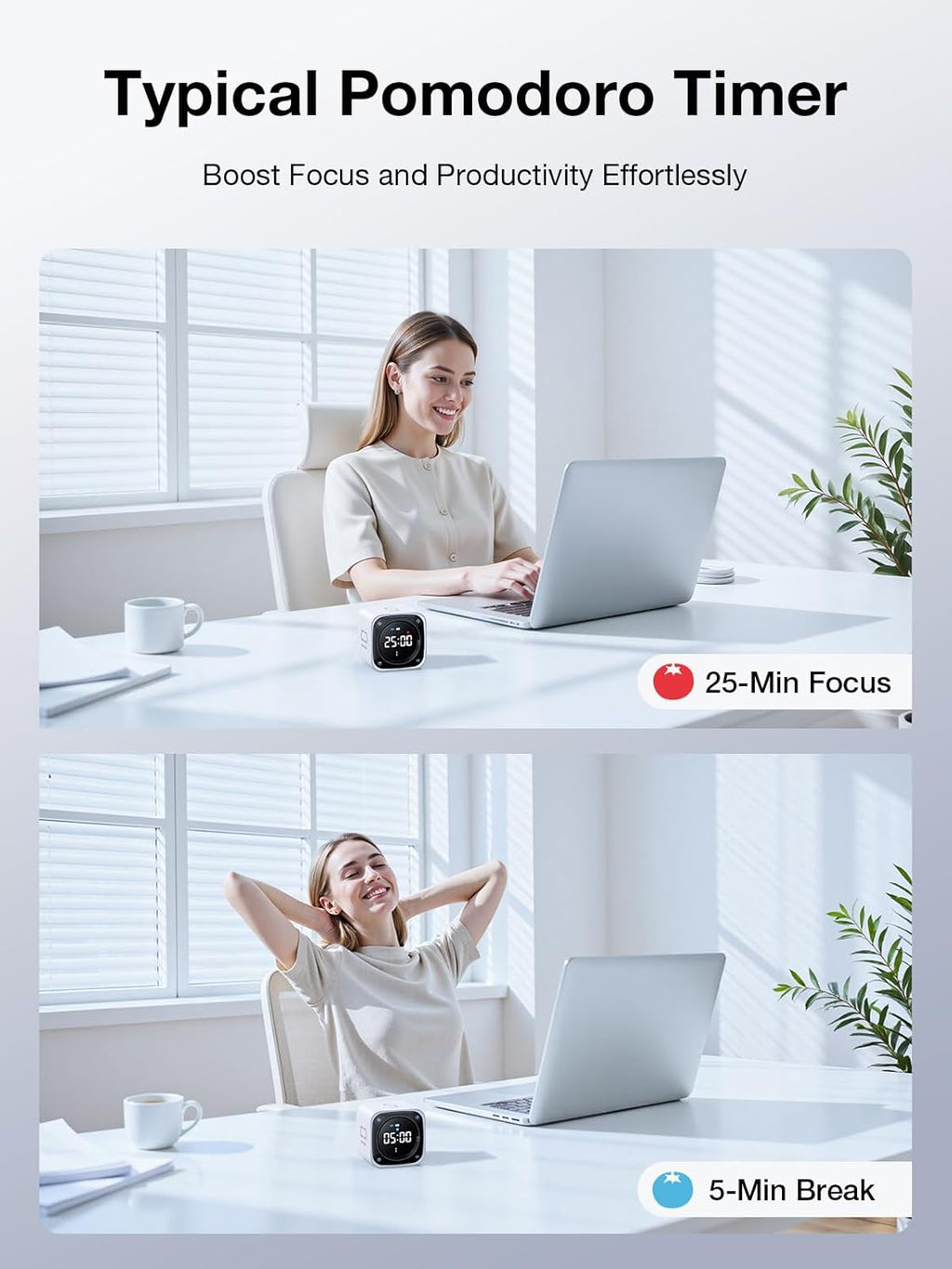 👍TK3 Pomodoro Timer Cube, Desk Productivity Timer with 5/10/30/60 Min Presets, Custom Countdown, Stopwatch, Clock, 3 Alarm, Silent, Vibrate & Sound Alert, for Task, ADHD, Study, Kitchen