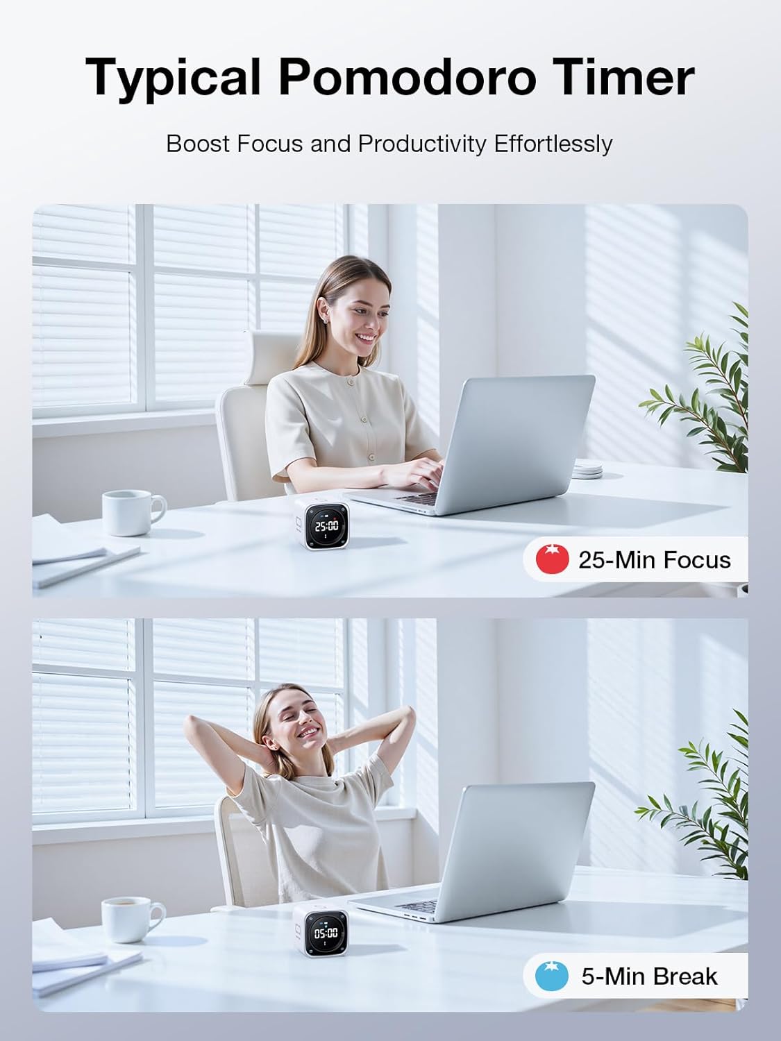 👍TK3 Pomodoro Timer Cube, Desk Productivity Timer with 5/10/30/60 Min Presets, Custom Countdown, Stopwatch, Clock, 3 Alarm, Silent, Vibrate & Sound Alert, for Task, ADHD, Study, Kitchen