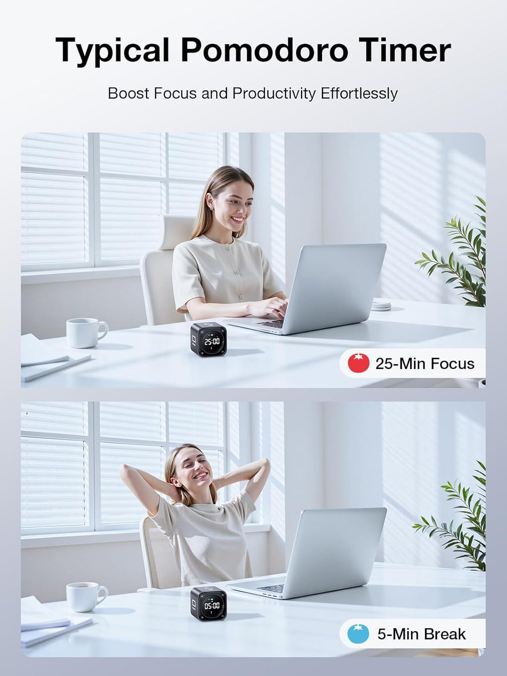 👍TK3 Pomodoro Timer Cube, Desk Productivity Timer with 5/10/30/60 Min Presets, Custom Countdown, Stopwatch, Clock, 3 Alarm, Silent, Vibrate & Sound Alert, for Task, ADHD, Study, Kitchen