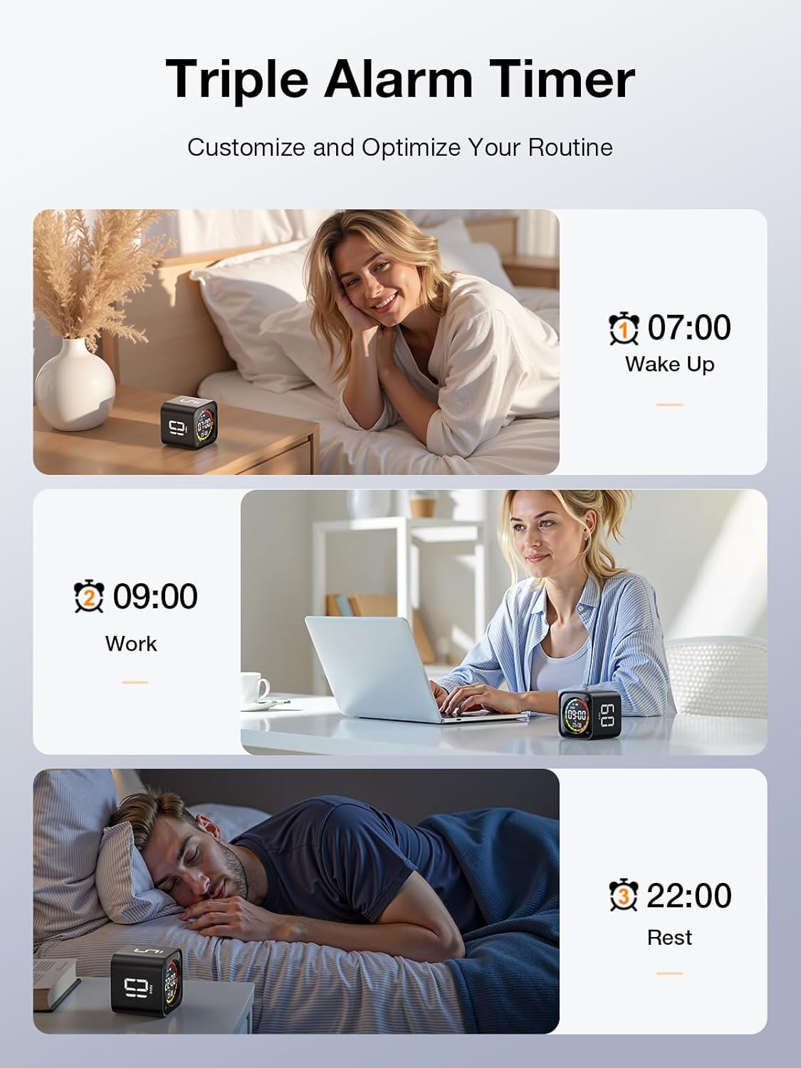 👍TK3 Pomodoro Timer Cube, Desk Productivity Timer with 5/10/30/60 Min Presets, Custom Countdown, Stopwatch, Clock, 3 Alarm, Silent, Vibrate & Sound Alert, for Task, ADHD, Study, Kitchen