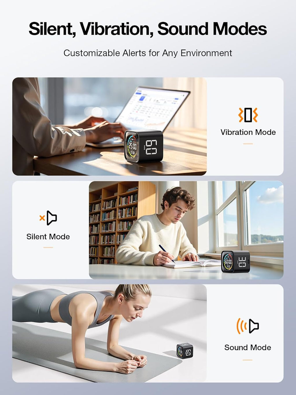 👍TK3 Pomodoro Timer Cube, Desk Productivity Timer with 5/10/30/60 Min Presets, Custom Countdown, Stopwatch, Clock, 3 Alarm, Silent, Vibrate & Sound Alert, for Task, ADHD, Study, Kitchen