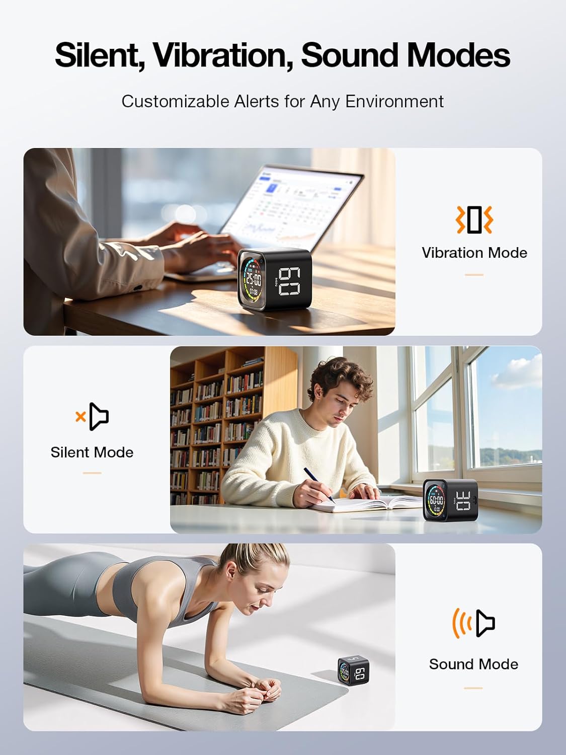 👍TK3 Pomodoro Timer Cube, Desk Productivity Timer with 5/10/30/60 Min Presets, Custom Countdown, Stopwatch, Clock, 3 Alarm, Silent, Vibrate & Sound Alert, for Task, ADHD, Study, Kitchen