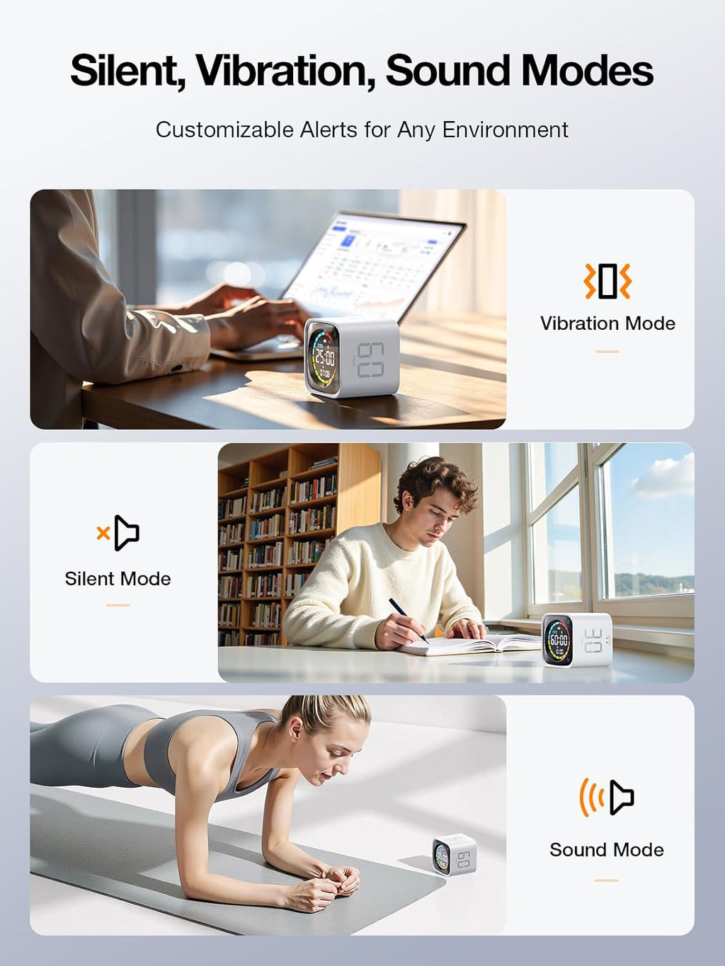 👍TK3 Pomodoro Timer Cube, Desk Productivity Timer with 5/10/30/60 Min Presets, Custom Countdown, Stopwatch, Clock, 3 Alarm, Silent, Vibrate & Sound Alert, for Task, ADHD, Study, Kitchen