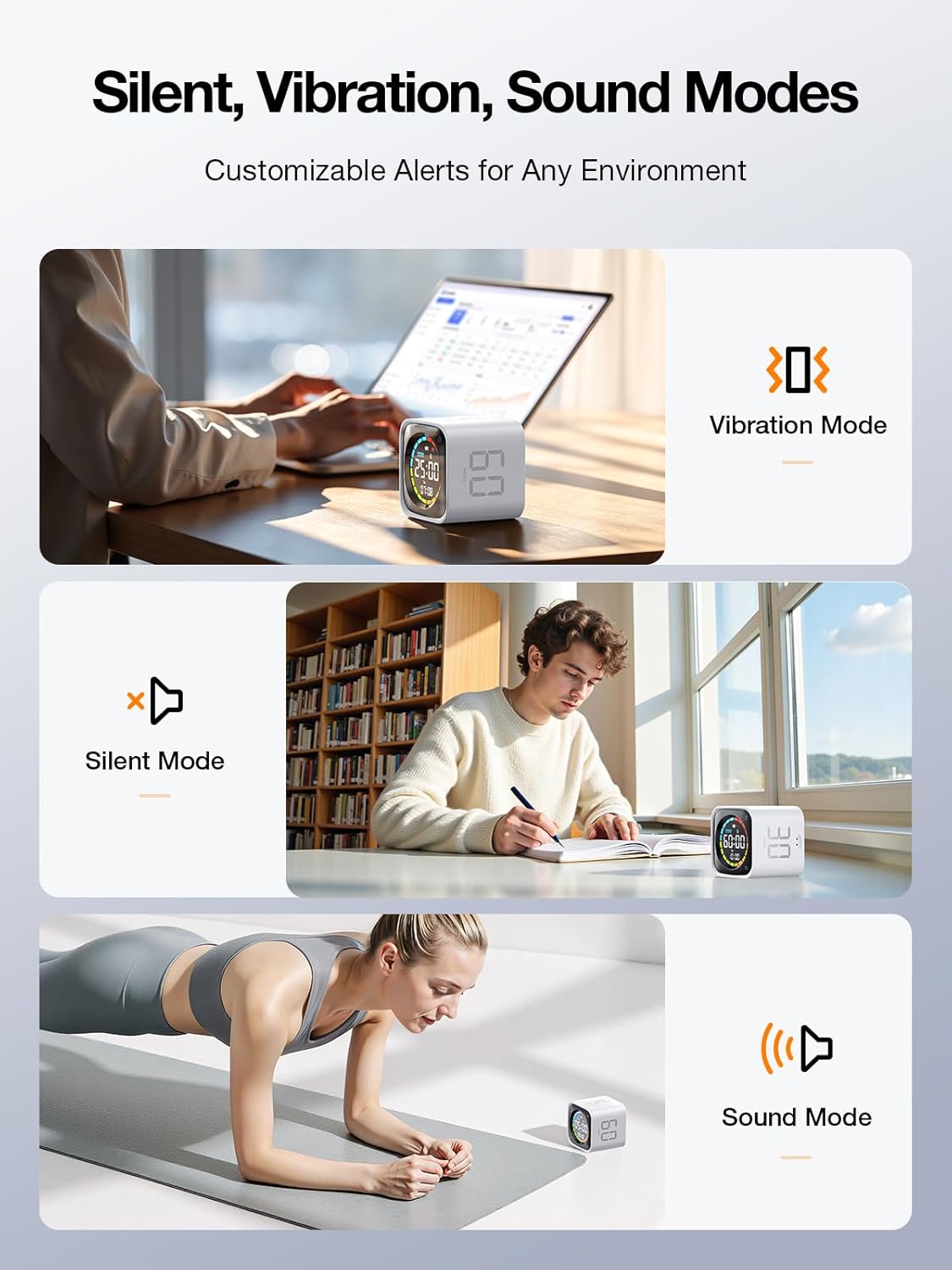 👍TK3 Pomodoro Timer Cube, Desk Productivity Timer with 5/10/30/60 Min Presets, Custom Countdown, Stopwatch, Clock, 3 Alarm, Silent, Vibrate & Sound Alert, for Task, ADHD, Study, Kitchen