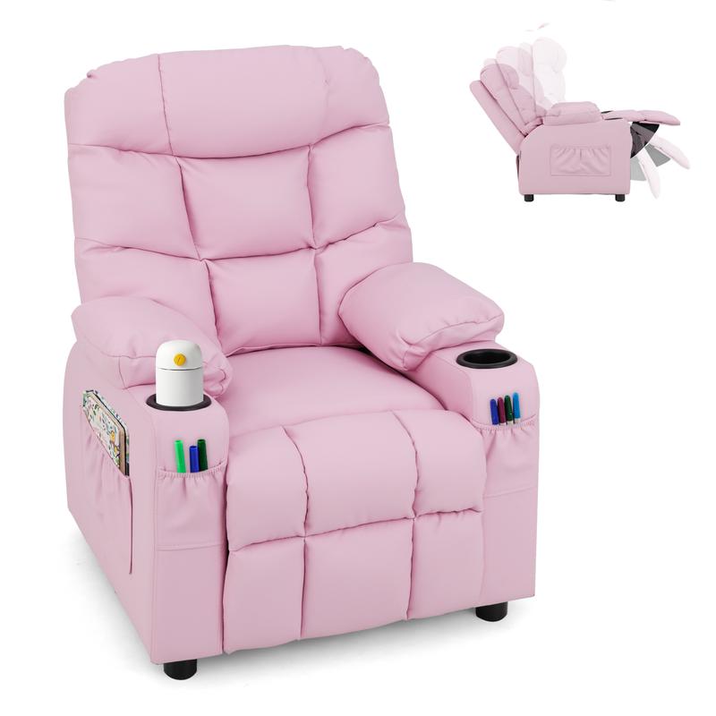 Children's recliner with cup holder, adjustable, footrest and side pockets, suitable for boys' and girls' rooms.