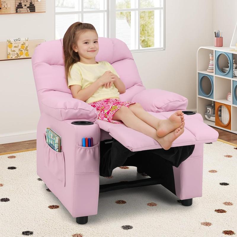 Children's recliner with cup holder, adjustable, footrest and side pockets, suitable for boys' and girls' rooms.