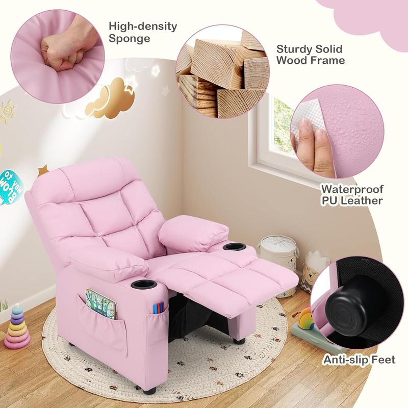 Children's recliner with cup holder, adjustable, footrest and side pockets, suitable for boys' and girls' rooms.