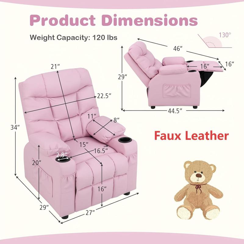 Children's recliner with cup holder, adjustable, footrest and side pockets, suitable for boys' and girls' rooms.
