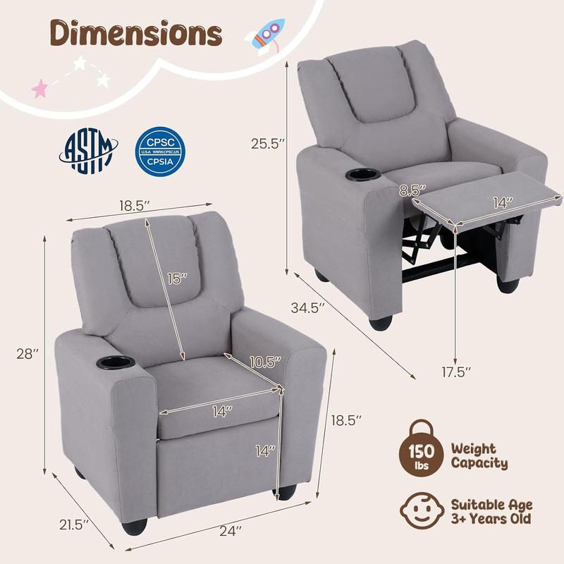 Children's recliner with cup holder, adjustable, footrest and side pockets, suitable for boys' and girls' rooms.