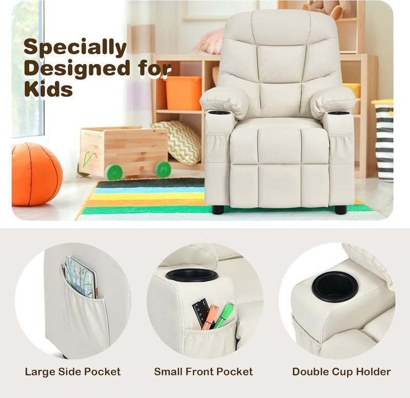 Children's recliner with cup holder, adjustable, footrest and side pockets, suitable for boys' and girls' rooms.