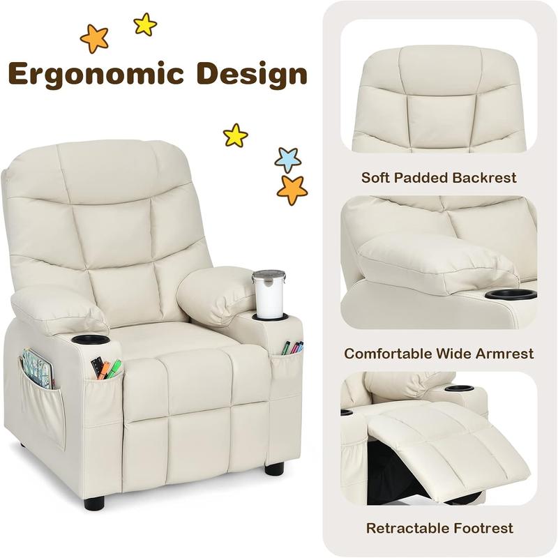 Children's recliner with cup holder, adjustable, footrest and side pockets, suitable for boys' and girls' rooms.