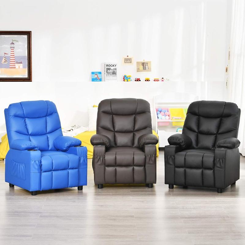 Children's recliner with cup holder, adjustable, footrest and side pockets, suitable for boys' and girls' rooms.