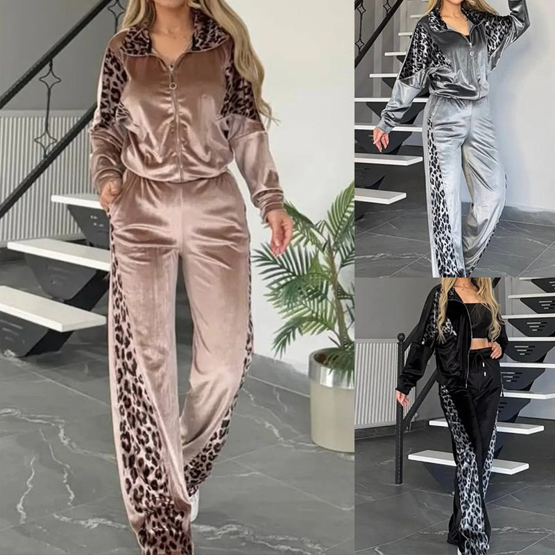 🔥50% OFF🔥Women's Fashion Leopard Print Zipper Top & Drawstring Pants (2-Piece Set)