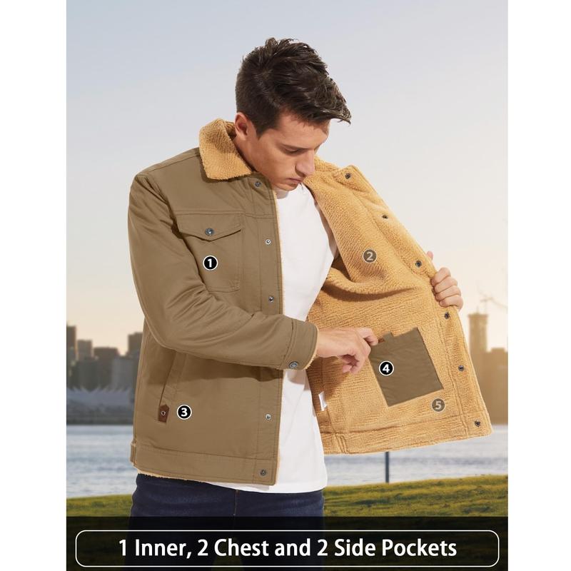 🧥 Men's Sherpa Lined Trucker Jacket, Warm Fleece Casual Coat with Multi Pockets, Long Sleeve Cotton Outerwear for Fall & Winter