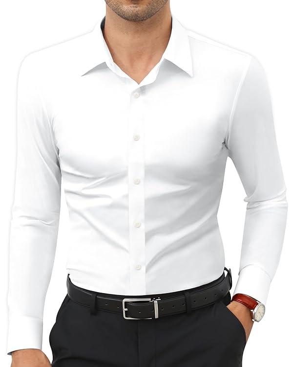 👔 Men's 16-Way Stretch Dress Shirt – Slim Fit Wrinkle-Free Button Down Traveler Shirt