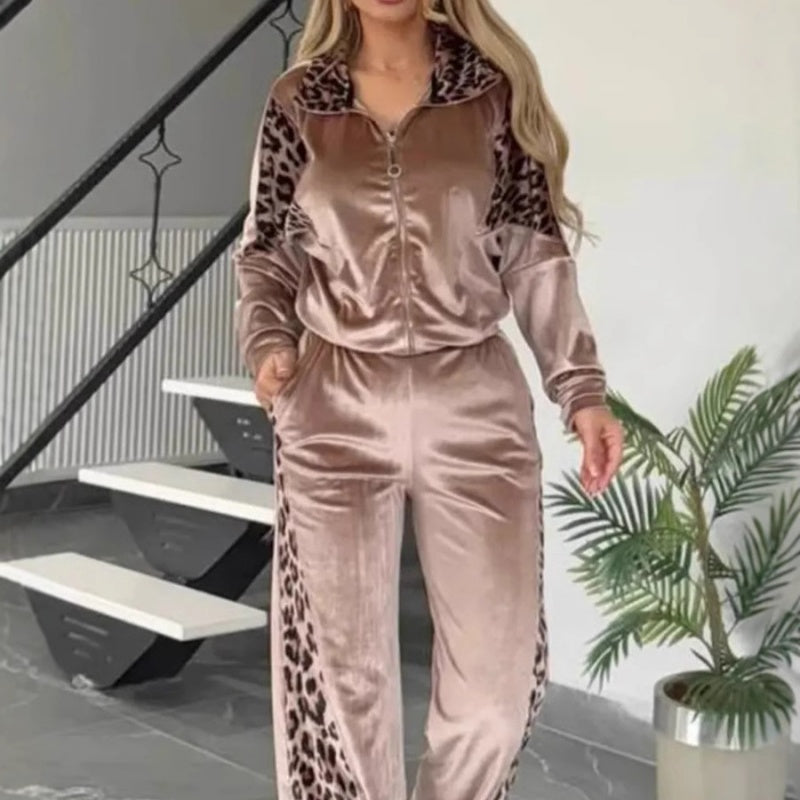 🔥50% OFF🔥Women's Fashion Leopard Print Zipper Top & Drawstring Pants (2-Piece Set)