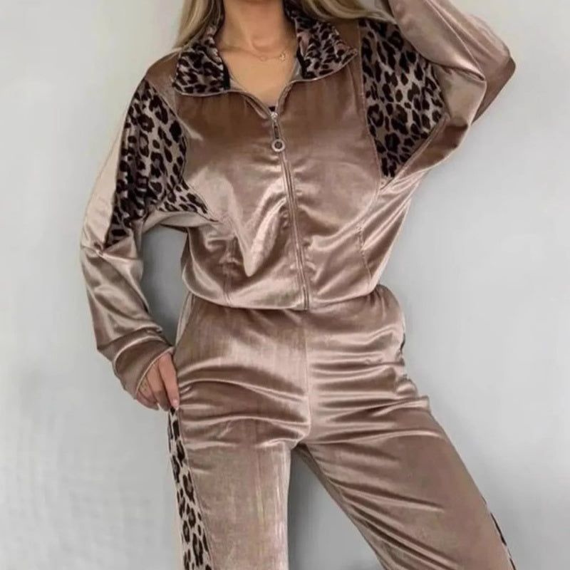 🔥50% OFF🔥Women's Fashion Leopard Print Zipper Top & Drawstring Pants (2-Piece Set)
