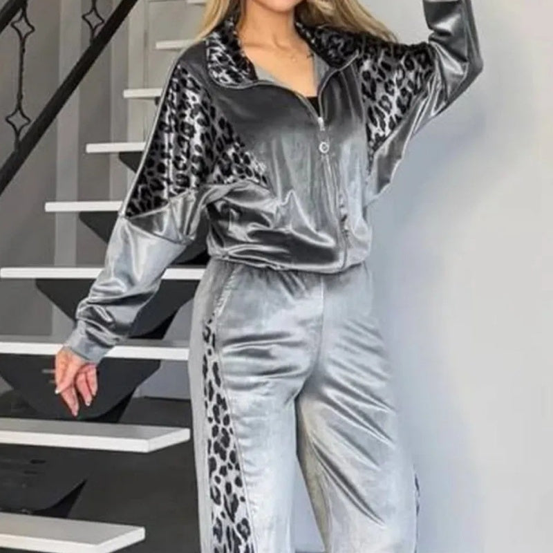 🔥50% OFF🔥Women's Fashion Leopard Print Zipper Top & Drawstring Pants (2-Piece Set)